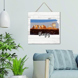 Kansas Primitive Decor Signs Hanging Wood Pallet Wall Plaque Sign Antique USA July 4th Independence Day Patriotic Wall Art Wood Plaque Sign Home Decor for Bedroom Front Porch 12x12 Inch