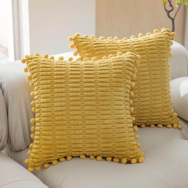 Home Brilliant Yellow Cushion Covers with Pom Poms, Boho Corduroy 60 x 60 cushion covers for Bedroom Living Room, Set of 2, Yellow, 60cm x 60cm