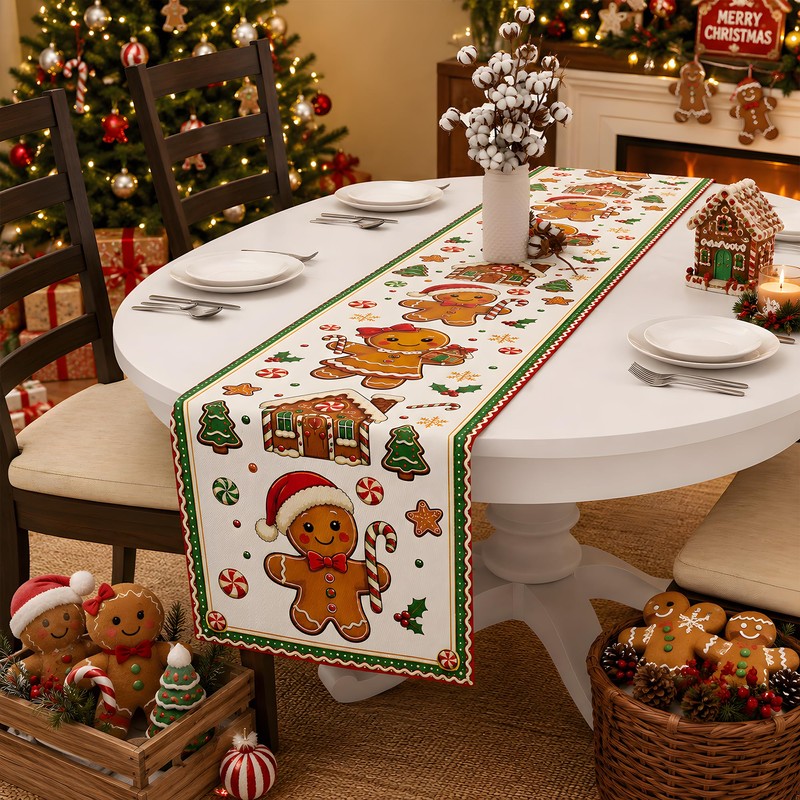 Christmas Decorations - Gingerbread House Candy Cane Xmas Table Runner