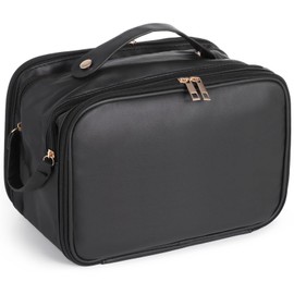 DORMIYA Black Travel Makeup Bag for Women - Large Capacity Cosmetic Organizer, Multi-Layer Toiletry Bag with Handle, Waterproof PU Leather Portable Makeup Zippered Case with Standing Brush Holder