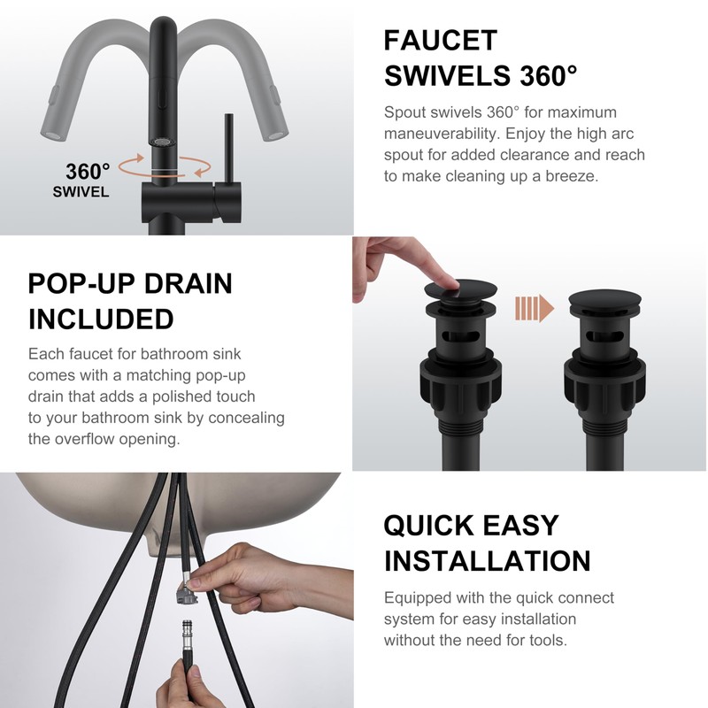 KENES Pull Down Bathroom Faucet with Sprayer, Matte Black Single