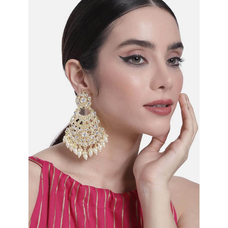 Aheli Traditional Gold Plated White Pearl & Kundan Studded Dangle