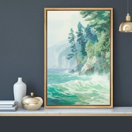 MUDECOR Framed Canvas Print Wall Art Emerald Green Teal Ocean Wave Forest Tree Nature Wilderness Illustrations Modern Art Floral Botanical for Living Room, Bedroom, Office - 16"x24" Natural
