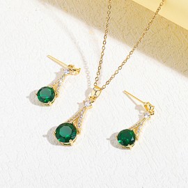 KONFEN Emerald Zircon Jewellery Set for Women, Matching Necklace and Earrings Tower Shape Adjustable Length, Premium Shining Classic Elegant and Vintage for Ladies 2 PCS Green Jewellery Set