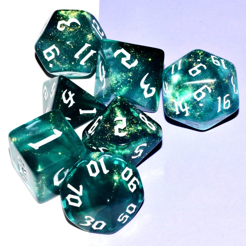 Galaxy Dice Set| Dark Green Mix Cyan Crystal DND Dice