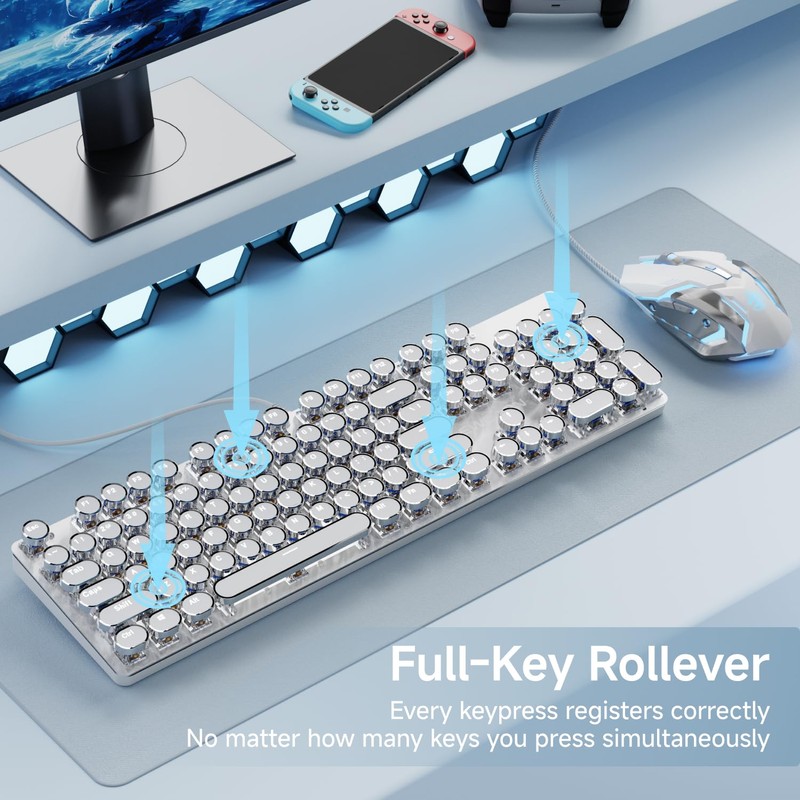 EWEADN TK100 Wired Typewriter Mechanical Keyboard and Mouse, 104 Keys