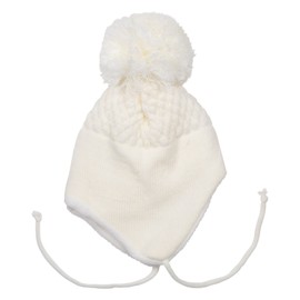 Baby Knitted Winter Hat, Boys & Girls Wooly Pom-Pom Hat with Ear Flaps & Chin Tie, White, 6-12 Months
