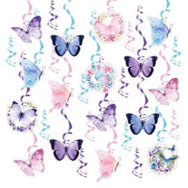 Hanging Butterflies Decoration Pack of 30 Swirl Decoration Streamers Birthday Girls Children's Birthday Garden Party Spiral Hanging Decoration