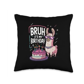 Bruh Its My Birthday Llama Pixel Art Sunglasses Retro Humor Throw Pillow
