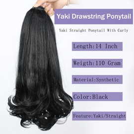 16 Inch Yaki Drawstring Ponytail for Black Women Synthetic Kinky Straight Ponytail Extensions With Curly End (Black)