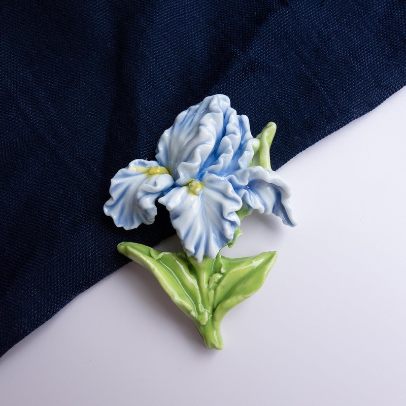 1 Pc Blue Iris Fridge Magnet, Handmade 3D Ceramic Flower