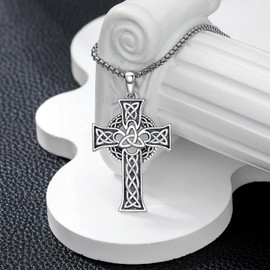 Oseew Celtic Cross Necklace For men Silver Cross Pendant Necklace Mens Celtic Cross Celtic Amulet Necklace Protection Jewelry Religious Gifts with 2.5mm 22"+2" Adjustable Rolo Chain, Stone Sterling