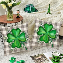 Fukeen St. Patrick's Day Green Clover Throw Pillow Covers Set of 2 24x24 Inch Grey Buffalo Plaid Lucky Shamrock Pillow Cases Cotton Linen Spring Leaves Farmhouse Home Decor Couch Cushion Cover