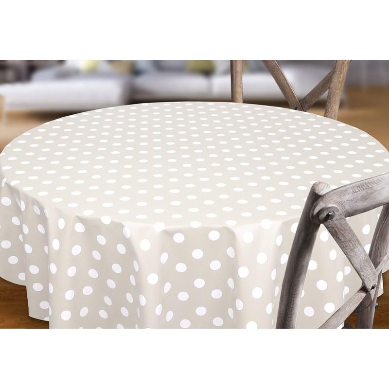 Beautex Taupe, White Dots, Oilcloth, Tablecloth, Wipe-clean Garden Tablecloth, Round,