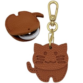 Cat Shaped Genuine Leather Keychain Holder Case Compatible with AirTag,Secure Cute Protective for Air Tag Cover