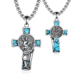 qielizhu St Christopher Necklace Mens 925 Sterling Silver Saint Christopher Turquoise Cross Necklace for Men Medal Religious Amulet Turquoise Jewelry Gifts