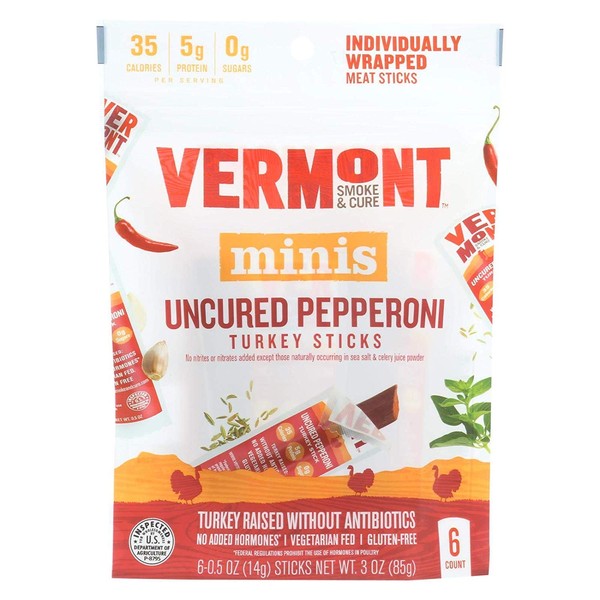 Vermont Uncured Pepperoni 0.5 Ounce Turkey Sticks, 6 count per pack - 8 per case.