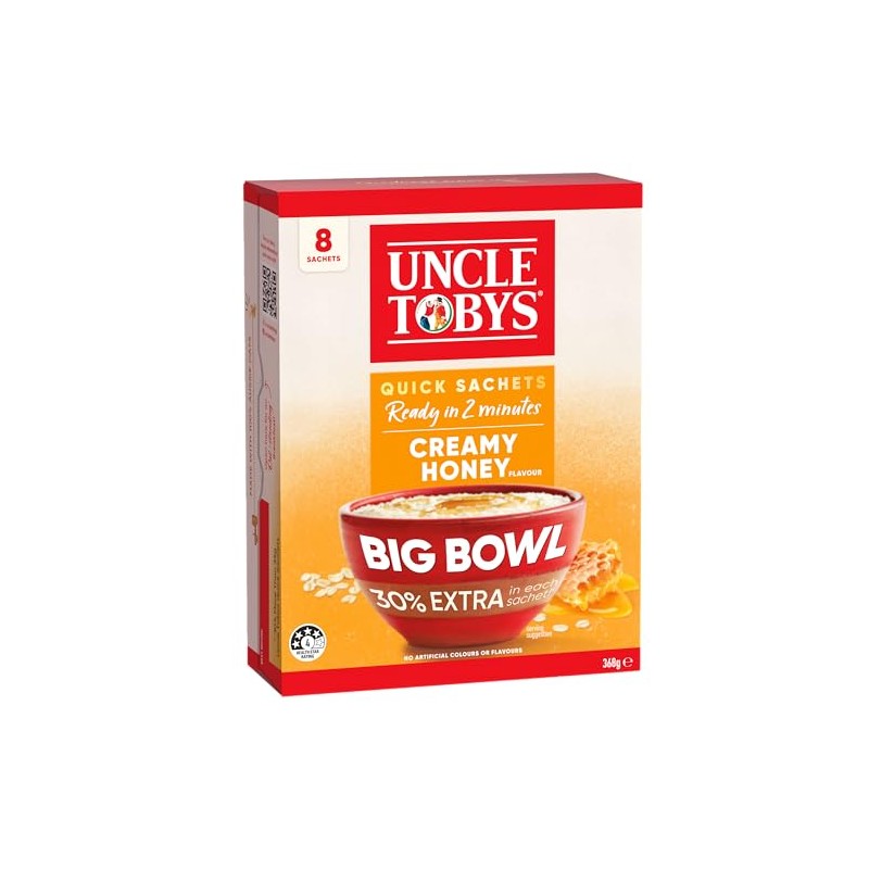 UNCLE TOBYS Oats Quick Sachets Honey, Big Bowl 30 Percent
