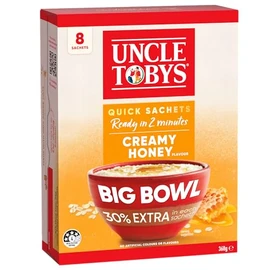 UNCLE TOBYS Oats Quick Sachets Honey, Big Bowl 30 Percent Extra, 8 Sachets