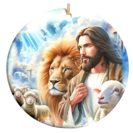 Sportyzen 2024 Christmas Ornament - Lion and Lamb Christian Jesus Ceramic Ornament, Christmas Keepsake Gifts, Gift for Family, Friends