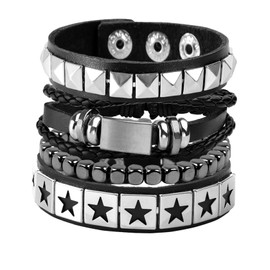 Eigso 4 Pcs Classic Punk PU Leather Star Rivets Bracelets for Men Women Gothic Hematite Beads Wristband for Man Woman