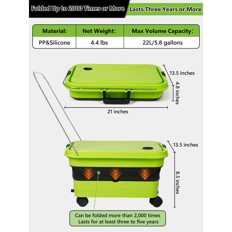 Collapsible Bucket 5.8 Gallon 22L with Wheels Handle Drain Plug