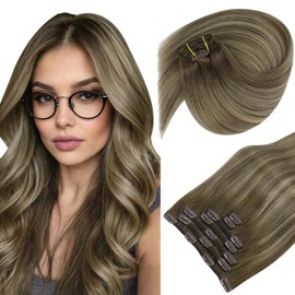 Sunny Hair Clip in Hair Extensions Straight Human Hair Clip in Extensions Remy Clip in Hair Extensions Real Human Hair Extensions Clip ins Full Head Walnut Brown Ombre Blonde Highlights 18inch