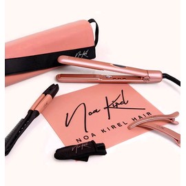 NuMe x Noa Kirel Stylista Straightener - Professional Ceramic Tourmaline Flat Iron with Negative Ion Booster, Infrared Light Strip and Dual Voltage, Heat Mat, Brush and Clips Set - All Hair Types