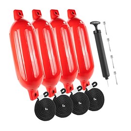 Five Oceans FO4538 Boat Fenders, 4 Pack Marine Red Inflatable Ribbed Boat Bumpers for Docking, 4.5x16 Inch with 4 Ropes Lines 3/8 Inch, Inflator Pump and 4 Needles