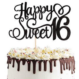 1 x Tortenaufsatz "Happy Sweet 40.6 cm, glitzernd, 16. Geburtstag, Kuchendekoration für 16. Geburtstag, Party-Dekorationen, Zubehör, Schwarz