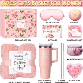 Birthday Gifts for Women Self Care Gifts Get Well Soon Gifts, Rose Relaxing Spa Gifts Basket Care Package w/ Luxury Flannel Blanket 40 oz Tumbler, Mothers Day Gifts for Mom Her Wife Girlfriend Sister
