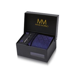 Massi Morino Tie with Handkerchief - Premium Set Including Cufflinks & Tie Pin - Men’s Gift Box - Dark blue square