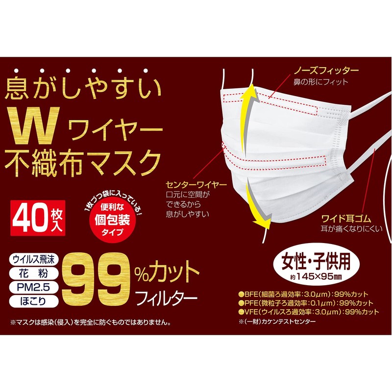 FIN-985S Easy to Breathe W-Wire Non-woven Mask, Pack of 40
