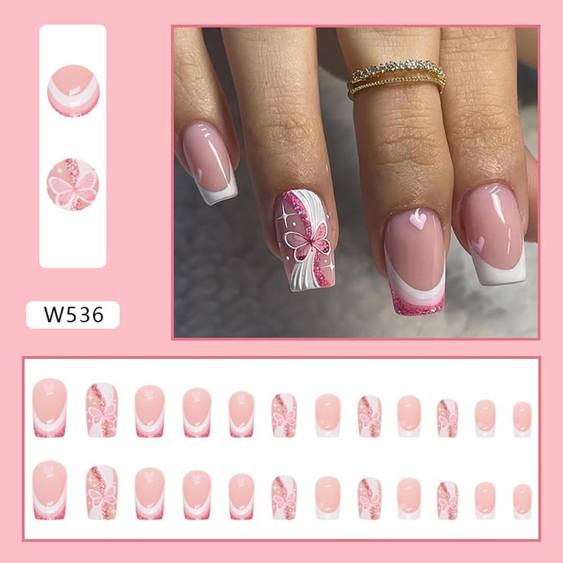 RTKHFZE 24Pcs Medium Square French Tip Glossy Pink Heart Design