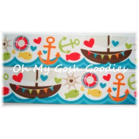 1.5 PIRATE SHIP NAUTICAL CRUISE FISH PATRIOTIC GROSGRAIN RIBBON 4 HAIRBOW BOW