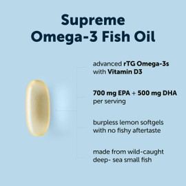 Micro Ingredients Supreme Omega-3 Fish Oil w/Ultra High EPA & DHA, Burpless Softgels | rTG Omega-3 with Vitamin D3 | Wild-Caught Cold Deep-Sea Fish | Lemon Flavor, Easy to Swallow, 120ct