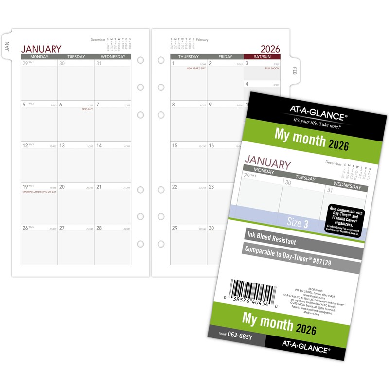 AT-A-GLANCE 2026 Planner Refill, Monthly, 3.75" x 6.75", Portable Size