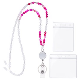hoyuwak Retractable Beaded Lanyards for Women Cute Teacher Lanyard with ID Holder Natural Stone Beaded Necklace for Keys Keychain Cards