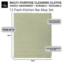 Homewear 12 Pack Kitchen Bar Mop Towels, 16 x 19 Inches, Cotton, Super Absorbent, Multi-Purpose Cleaning Cloths, Machine Washable, Basic Utility, Sage/Dusty Sage