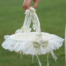 Large Flower Girl Baskets for Weddings, Handwoven Flower Girl Basket with Swingable Lace Handle Satin Flowers and Bows Fairy Lace Bowknot Decoration and Party Supplies