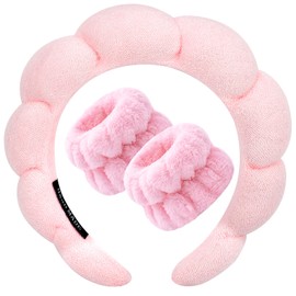 Zkptops Spa Headband for Washing Face Wristband Sponge Makeup Skincare Headband Terry Cloth Bubble Soft Get Ready Hairband for Women Girl Puffy Padded Headwear Non Slip Thick Hair Accessory(Pink)
