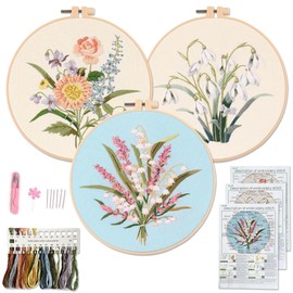 Myfelicity Embroidery kit for Adults and Beginners, Includes 3 Floral Pattern Fabrics, 3 Embroidery Hoops, Embroidery Floss and Other Tools.