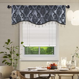 NAPEARL Scalloped Valance Curtains-Decoration Jacquard Swag Valance for Living Room Window, Rod Pocket Valance Tire for Kitchen, Small Windows (Black, 52W x 18L)