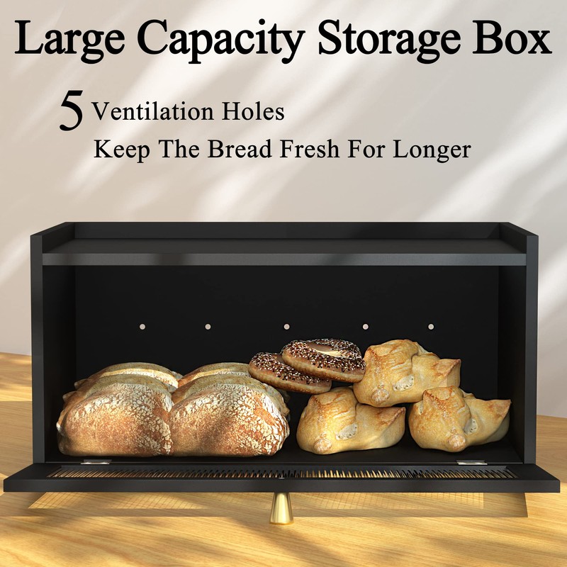 Black Bread Box for Kitchen Countertop - Modern bamboo Bread