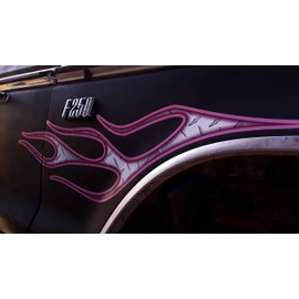 No. 2 - Fender Flame Decals - Sunken Polished Diamond Plate w/ Pink Pinstripe - 2pc Set - Car Truck 4x4 Wrangler Hood Mud Truck