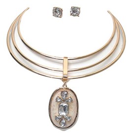 Fashion Jewelry ~ Crystal Pendant Drop and Triple Layer Wire Choker Necklace and Earrings Set for Women