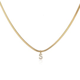 Dainty Initial Necklaces Gold Letter Chokers for Women,18k gold Chain Necklace Simple Cubic Zircon Minimalist Pendant Herringbone Women Choker Necklace Dainty Jewelry Gift-S