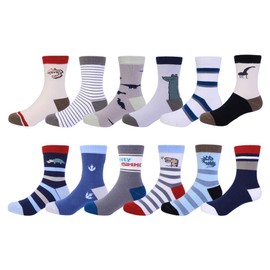 WATOCHE Toddler Boys Socks 12 Pairs Baby Crew Cotton Boy Dinosaur Socks for 1-3T/3-5T/6-8Years School Little Kids(Dino Stripe,6-8T)