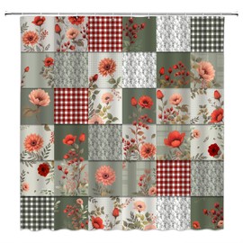 FJLLFJ Boho Patchwork Shower Curtain,Floral Plaid Checkered Farmhouse Vintage Rustic Flower Sage Green Red Polyester Bathroom Curtain with 12 Hooks,Bathtub Home Decor,70x70 Inch