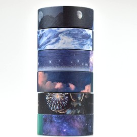 ZDOLAKIDS 6 Roll Aesthetic Scrapbook Masking Tape Set Starry Night Space Moon Firework Cloud Water Surface Wave DIY Sticker for Scrapbooking Planner Journal Album Journaling Gift Wrapping